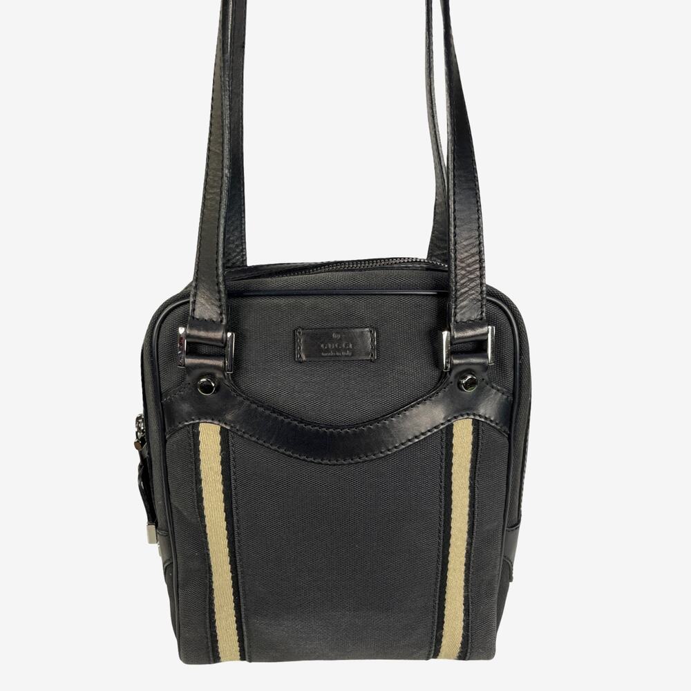 Gucci Black Canvas Leather Vertical Stripe Zip Shoulder Bag Italy Minimalist Y2K